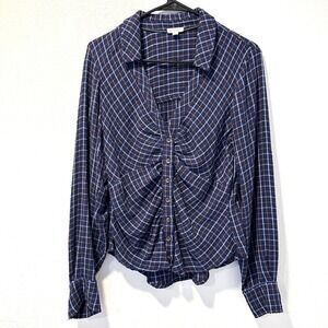 Pilcro Anthropologie Womens-S Blouse Blue Plaid Ruched Button Front Flannel